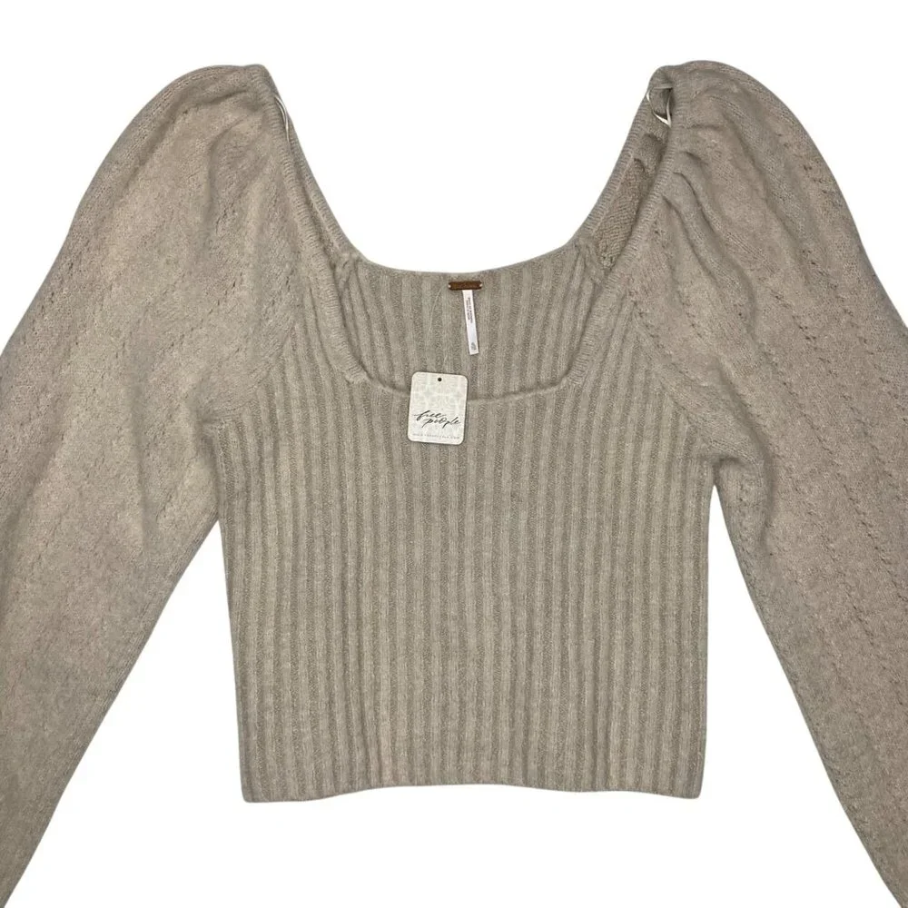 Free People Katie Sand Brushed Knit square neck puff sleeve Pullover Women’s XL
